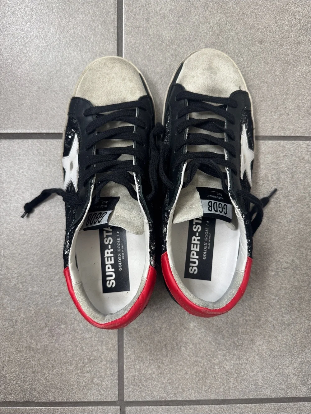 Golden Goose Black Lace Star Sneakers with Red Heal